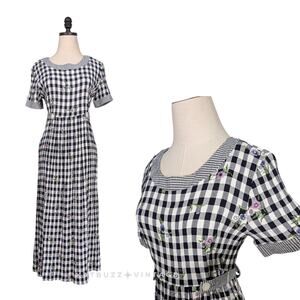 Vintage Gingham Maxi Dress 10P Blue White Floral 90s Teacher Modest Cottage